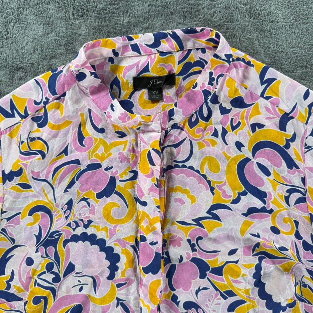 J.Crew Silk Tunic Paisley Swirl Blouse Womens XS 100% Silk Band Collar Top